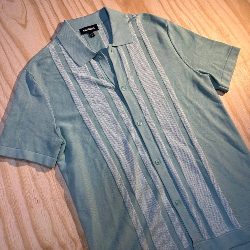 90s Express Mens Medium Light Blue Vertical Stripe Knit Button Down Polo Shirt